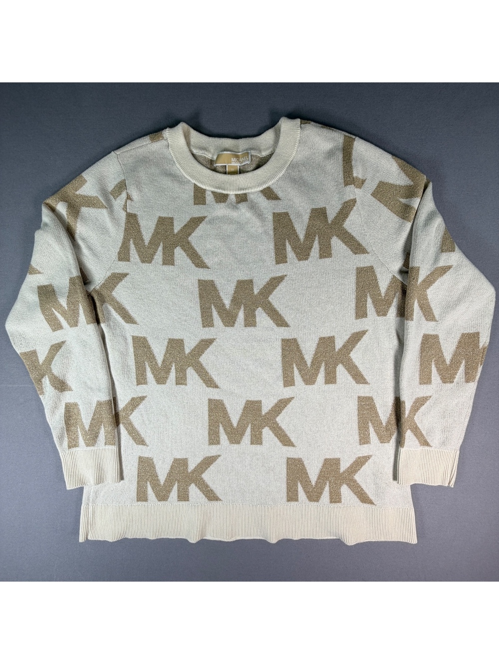 Michael Kors Sweater Womens 1X Cream White Gold Metallic MK Logo Knit